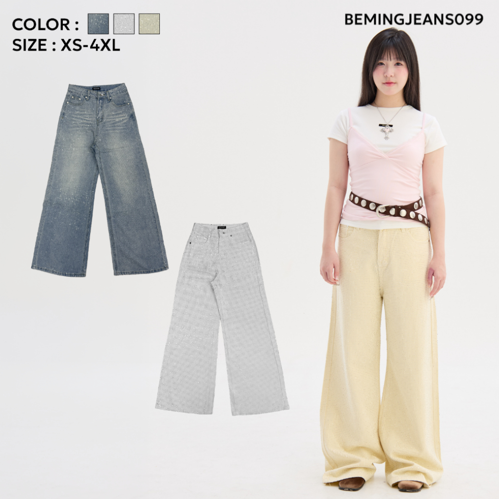 Bemingjeans099(XS-4XL)-BMG Stellar Jeans - กางเกงยีนส์ดีไซน์สตรีทแฟชั่นโดดเด่นด้วยดีเทลปักเพชรรอบตัว