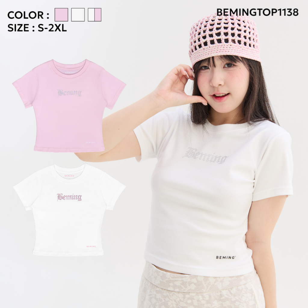 Bemingtop1138(S-2XL)-BEMING Baby Tee Ver.2 - เสื้อ BabyTee ดีเทลโลโก้ BEMING ปักเพชรกลางอก