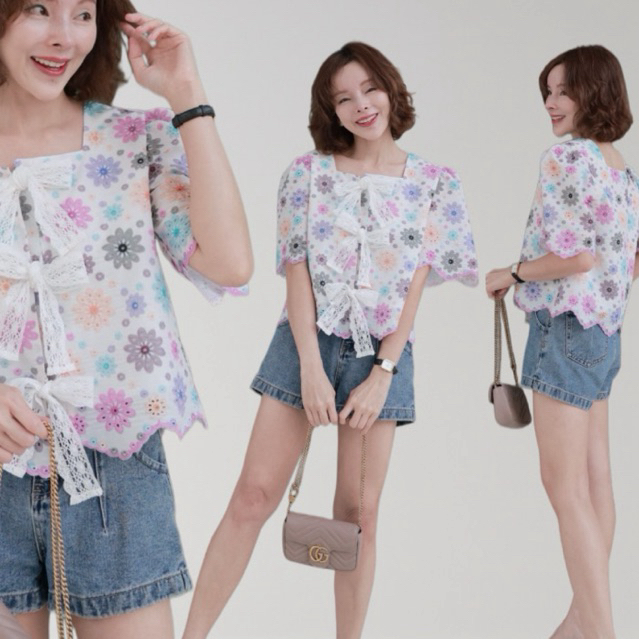 [เข้าใหม่ พร้อมส่ง] Chaline เสื้อคอเหลี่ยมงานผ้าคอตตอนปักฉลุมีลายในเนื้อผ้า