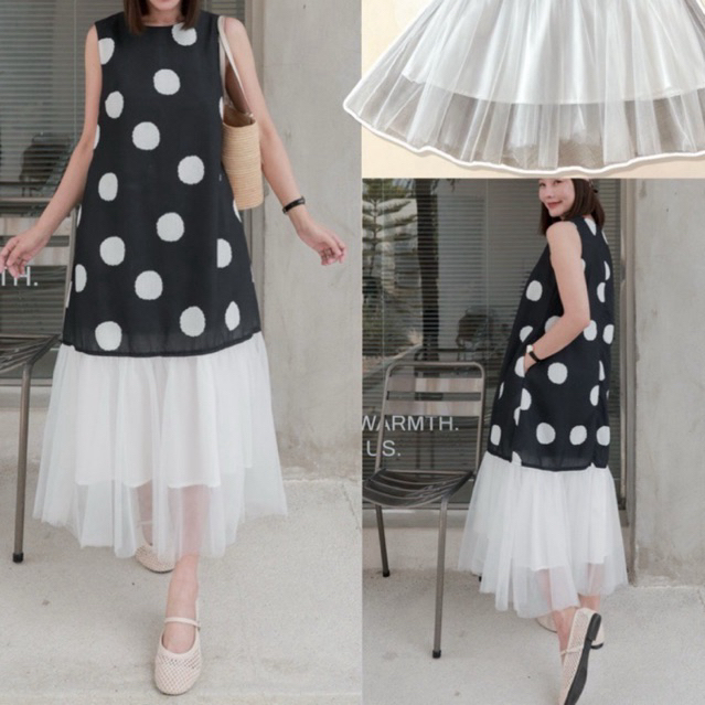 [พร้อมส่ง] Password 7091 เดรสผ้าลินินลายจุด ผ้าเนื้อดีใส่สบาย