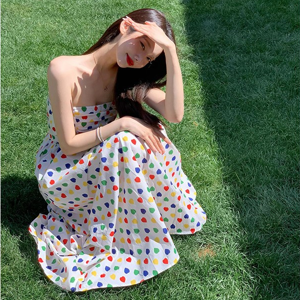 เดรสพิมพ์ลายรักหวานฝรั่งเศส เอวเล็ก bandeau suspender long skirt Thai seaside vacation