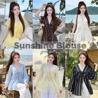 Sunshine Blouse เสื้อคอวีแขนยาวตัวยาว เสื้อคอวีแขนสั้นแต่งจีบอกผูกโบว์ที่อก ลายดอกไม้ น่ารัก เกาหลี สาวอวบ Sheeny (S051)