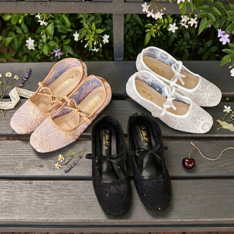 P.M.P รองเท้าคัทชู ผ้าลูกไม้ปักเลื่อม แมรี่เจน maryjane รุ่นใหม่ ลูกไม้ ผ้าโปร่ง พร้อมส่งด่วน