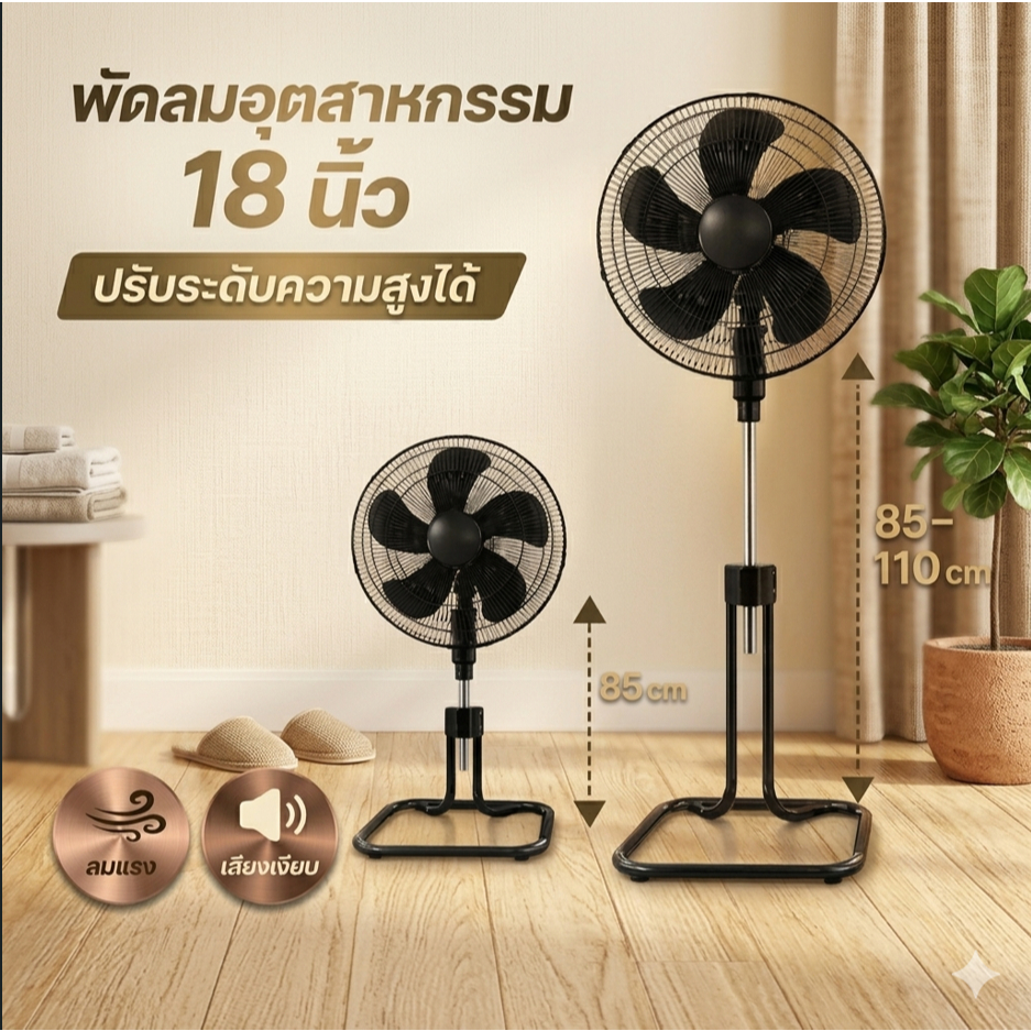 พัดลมอุตสาหกรรม 150W พัดลมตั้งพื้น 18นิ้ว ลมแรงเงียบ เหมาะสำหรับทุกสถานที่