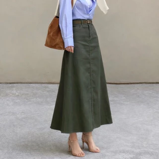 V012 กระโปรงยีนส์สีเขียวโอลีฟ เอวสูง ทรงสวยเก็บหุ่น ใส่ได้ทุกลุค Olive Green Denim Skirt