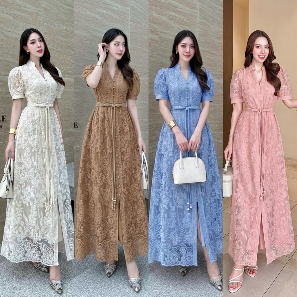 📌📌 พร้อมส่ง ครบสี S M L XL 2XL 🏷️LALABELLE แม็กซี่เดรสลูกไม้ปักทั้งชุด เดรสลูกไม้ ชุดออกงาน ชุดทำบุญ ไปวัด ไปงานแต่ง