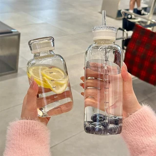 ขวดน้ำแก้ว 500 ml ขวดแก้ว + ฝา สีใส พร้อมหลอด แบบพกพา สะดวก มีขีดแบ่งเวลาดื่มน้ำ