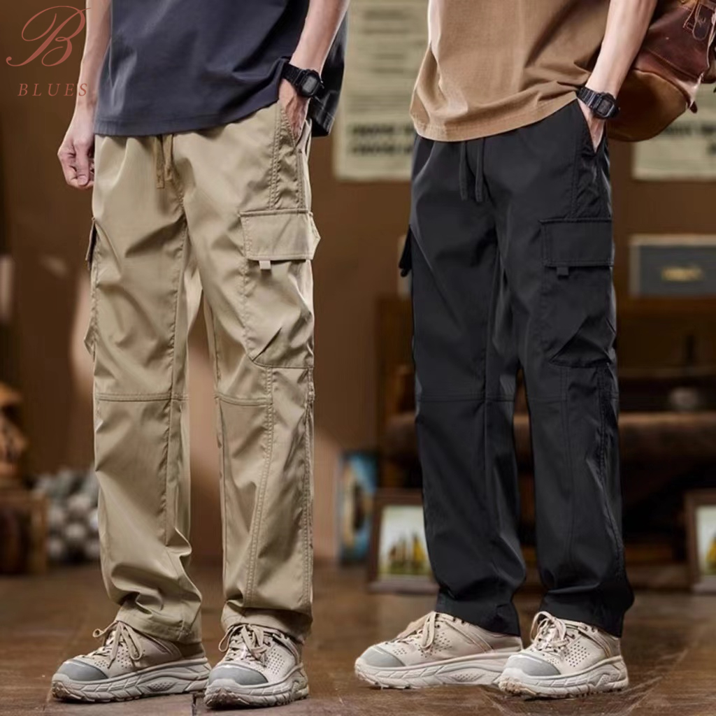 พร้อมส่ง กางเกงคาร์โก้ผู้ชาย กางเกงขายาวคาร์โก้สไตล์อเมริกันลำลองที่มีกระเป๋ เอวยางยืด คล่องแคล่วและสบายสบาย