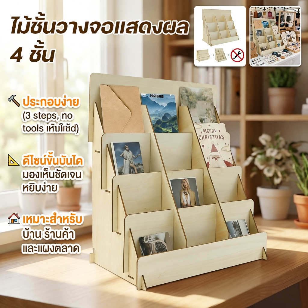 สติกเกอร์ไม้ชั้นวางจอแสดงผล 4 ชั้น การ์ดอวยพรยืนแสดง สําหรับโปสการ์ด โบรชัวร์รูปภาพ