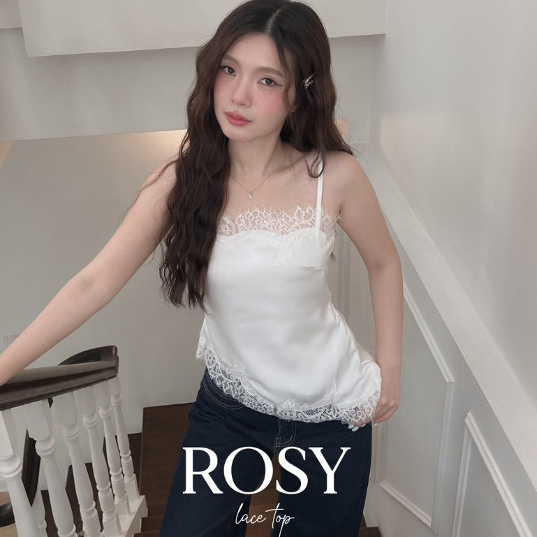 SHOP.POPO-Rosy lace top เสื้อสายเดี่ยวผ้าซาตินแต่งลูกไม้