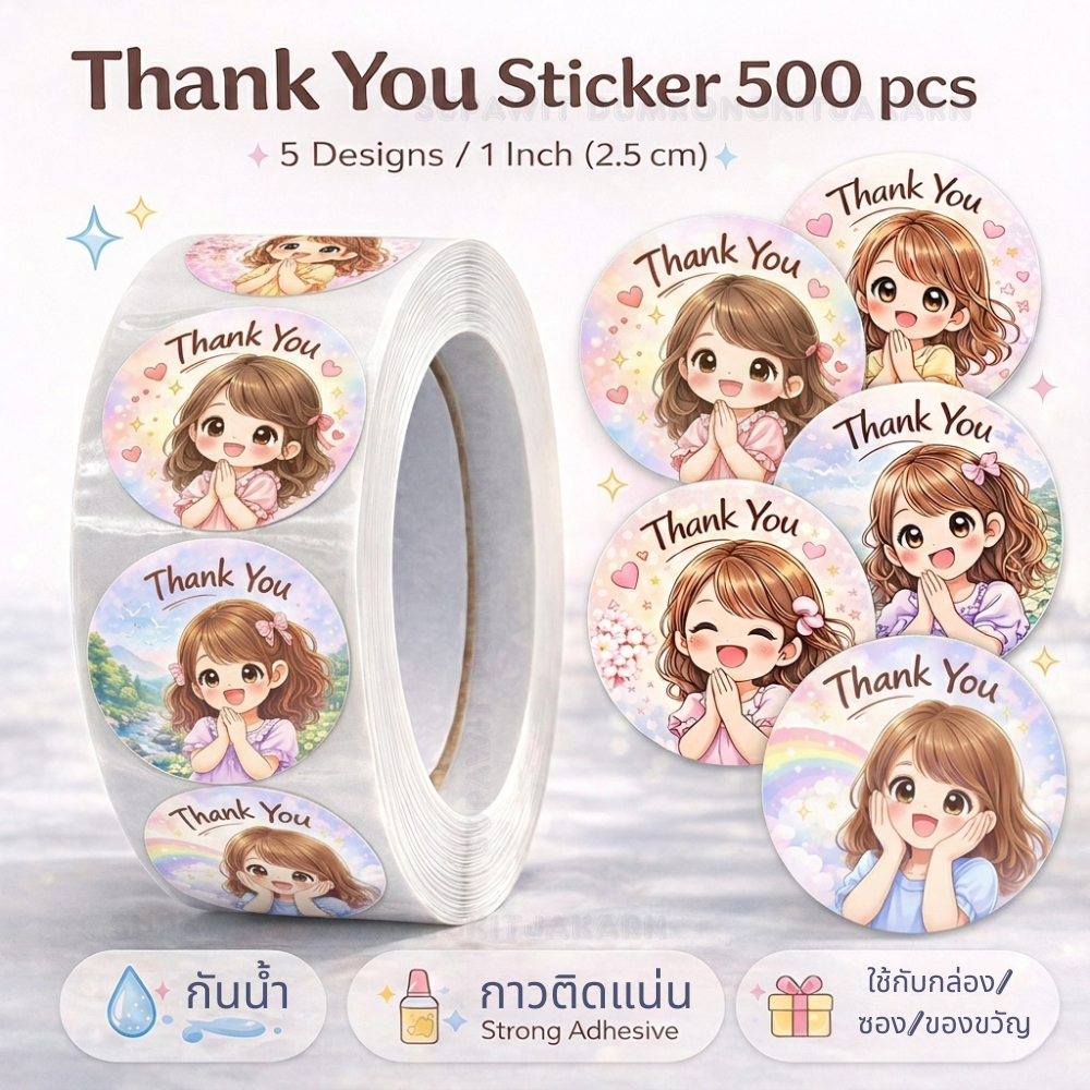 สติ๊กเกอร์ขอบคุณ ลายน่ารัก 500ดวง/ม้วน มีที่นี่ที่เดียว ขนาด 1 นิ้ว