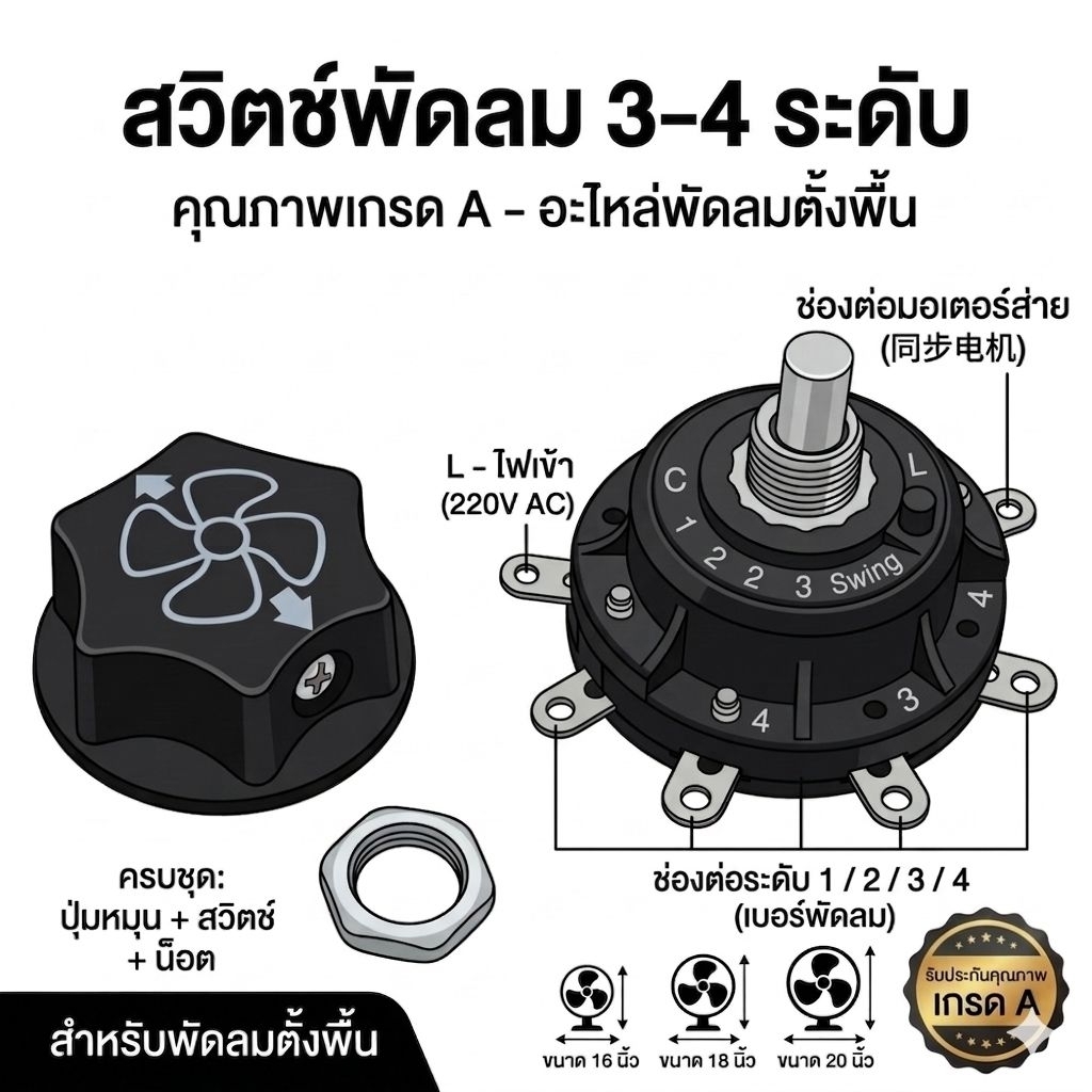 สวิตช์พัดลม 3 เกียร์ 5 ขา / 4 เกียร์ 6 ขา (มีขาต่อมอเตอร์ส่าย) อะไหล่พัดลมตั้งพื้น พัดลมอุตสาหกรรม 16-24 นิ้ว