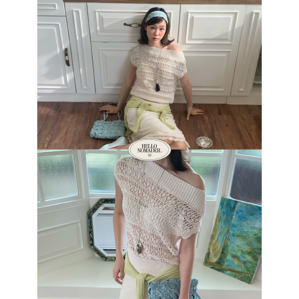 NOMADE.& พร้อมส่ง Vintage kiss Blouse {เสื้อไหมพรมแขนสั้นเปิดไหล่}