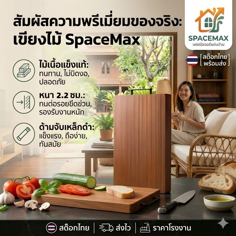 SpaceMax [ส่งจากไทย] เขียงไม้พรีเมียม "หนาพิเศษ 2.2 ซม" ต้านรา/แบคทีเรีย ไม้มะเกลือแท้ เกรดอาหาร แข็งแรง ทนทาน (3 ขนาด)
