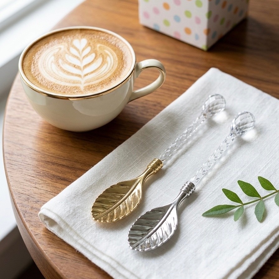 ช้อนคนกาแฟ ช้อนขนม ดีไซน์ใบไม้สุดหรู ช้อนปลายด้ามคริสตัลสไตล์ยุโรป สำหรับคาเฟ่และโฮมคาเฟ่ ของขวัญสุดพรีเมียม ของชำร่วย