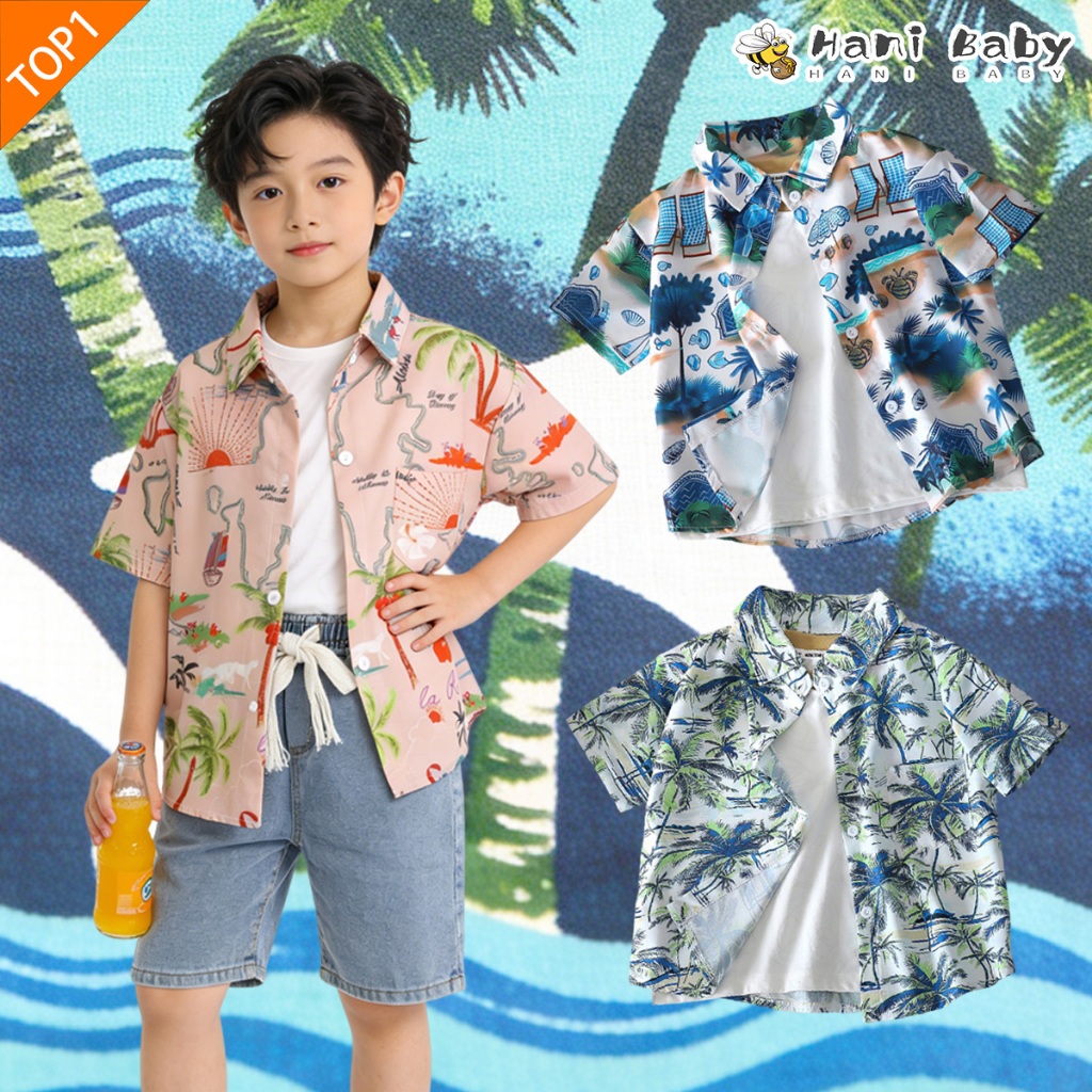 เสื้อเชิ้ตฮาวายเด็ก เสื้อเชิ้ตแขนสั้นเด็ก สไตล์ทะเล ลายต้นไม้ ผ้านิ่มนุ่ม มีกระเป๋าที่อก ไซส์90-150