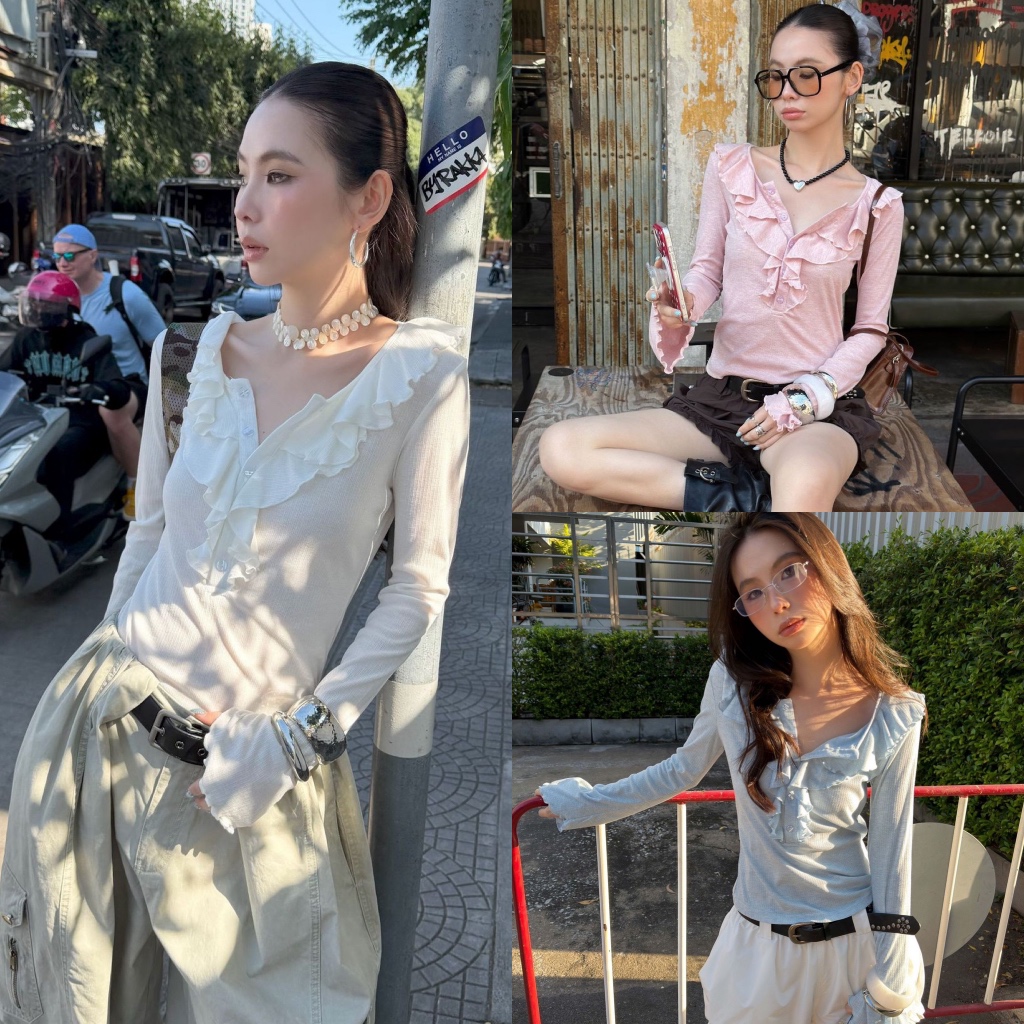 **พร้อมส่ง-S M**BY0453 เสื้อแขนยาวกระดุมหน้า ดีเทลแต่งระบาย แขนกระดิ่ง ผ้าเนื้อบางใส่สบาย benly co