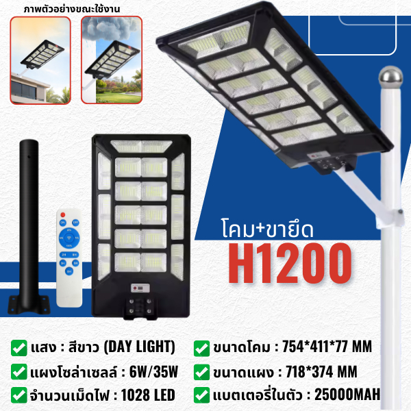 (H1200) ไฟโซล่าเซลล์ ไฟถนน 1200W แสงสีขาว โซล่าเซลล์ Solar Light กันน้ำ กันฝน LED IP65 ไฟแสงอาทิตย์ การันตีสว่างยันเช้า
