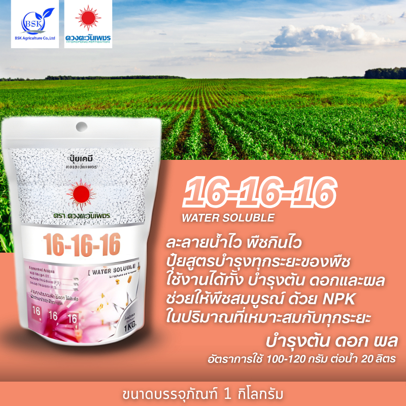 ปุ๋ยสูตร 16-16-16 (แบรนด์) 1kg (ดวงตะวันเพชร)