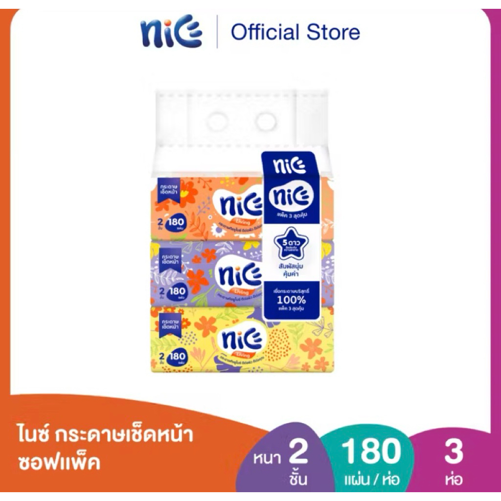 Nice ไนซ์ ซอฟท์แพ็ค กระดาษเช็ดหน้า 180แผ่น แพค 3 ห่อ (ทิชชู่ กระดาษทิชชู่)