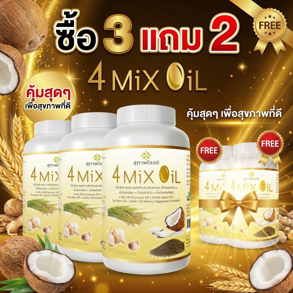 【ซื้อ 3 แถม 2】4 MIX OIL(กระปุกละ 250 แคปซูล)  น้ำมันสกัดเย็น 4 ชนิด น้ำมันมะพร้าว น้ำมันงาขี้ม่อน น้ำมันรำข้าว น้ำมันกระ
