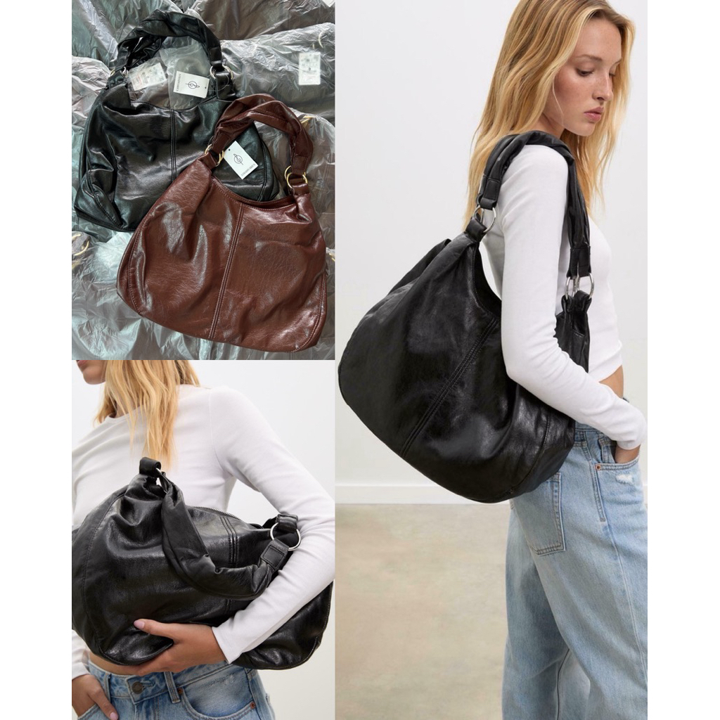 (ของแท้💯) Stradivarius leather effect top handle bag กระเป๋าสะพายไหล่ หนังนิ่ม จุของได้เยอะ