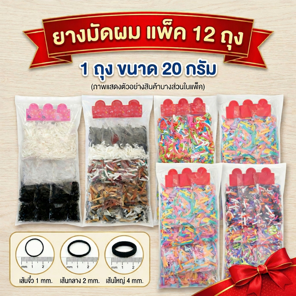 ยางมัดผม ยางรัดผม ยางกิโล #แพ็คละ 12 ห่อ (1 ห่อ น้ำหนัก 20 กรัม)