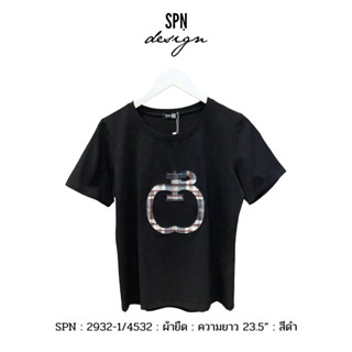SPN 2932-1 เสื้อผ้ายืดคอกลม งานปักรูปแอปเปิ้ล สีดำ ความยาว 2…