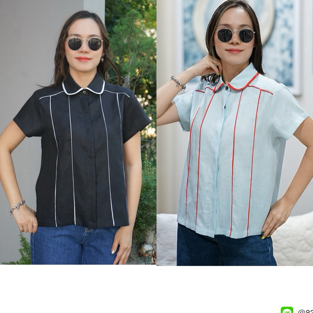 ✅พร้อมส่ง✅ 🩵เสื้อเชิ้ตลินิน แต่งกุ๊น อก42” แขนสั้น 5thJan