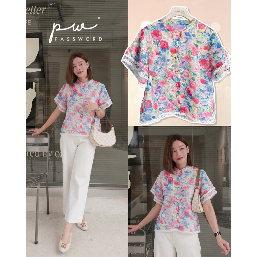 [พร้อมส่ง] Password 6347 เสื้อแขนระบาย เนื้อผ้าออแกนซ่าลายดอกไม้สีสวย