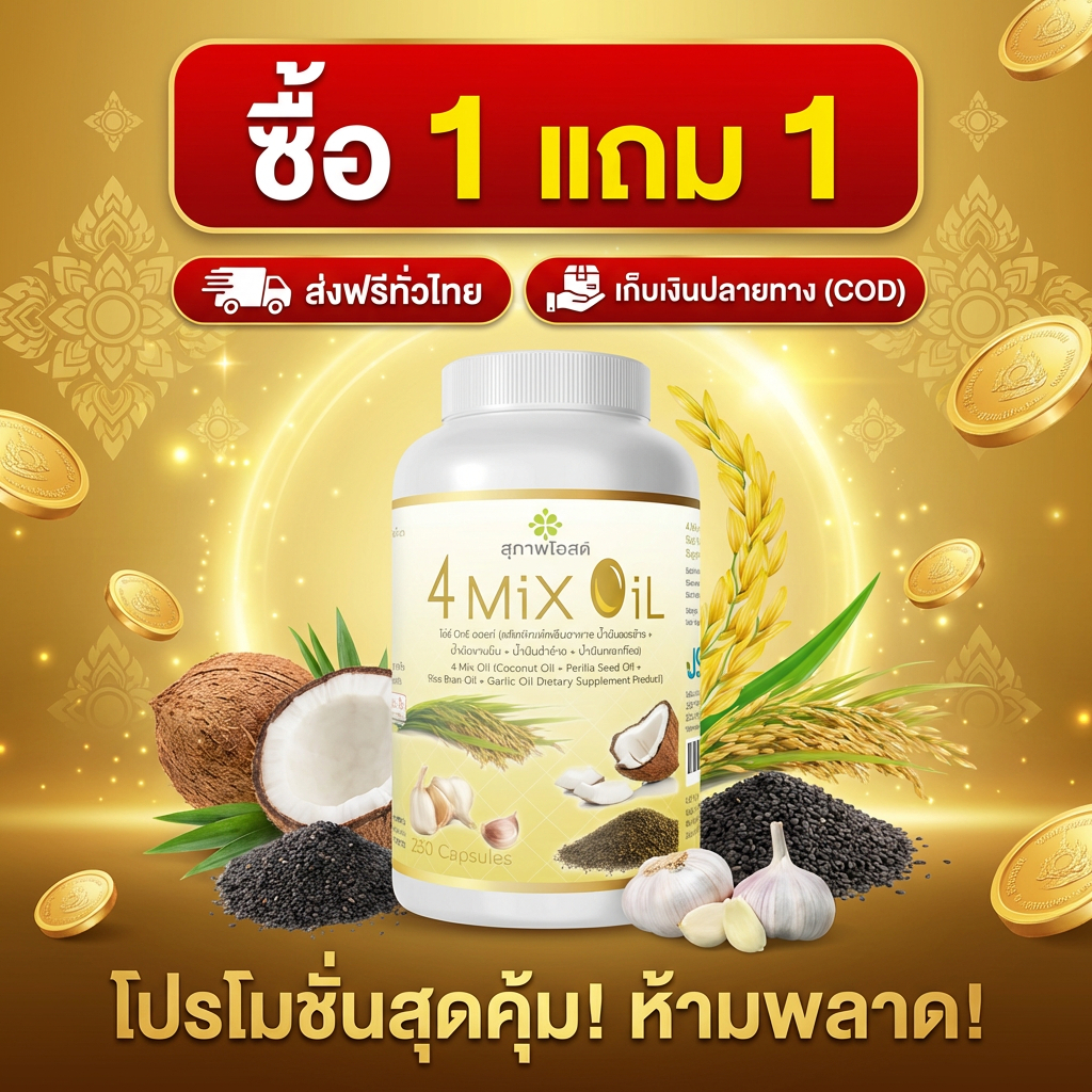 ซื้อ 1 แถม 1 ด่วนๆ! 4 Mix Oil 250 แคปซูล 🥥🌿 ของเข้าแล้วนะ รีบกดเลย ช่วยดูแลสมดุลร่างกาย ทานง่ายมาก หมดไว ของแท้100%