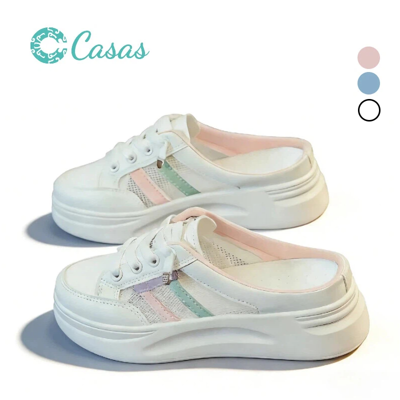 รองเท้าแตะผู้หญิงแบบปิดนิ้วเท้า ดีไซน์ใหม่ ลายทางสีสันสดใส พื้นนุ่ม ระบายอากาศได้ดี ทำจากผ้าตาข่าย