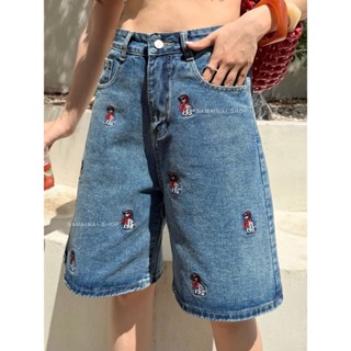 กางเกงยีนส์สามส่วน สียีนส์ฟอกเข้ม งานปักน้องหมาทั้งตัว สไตล์…