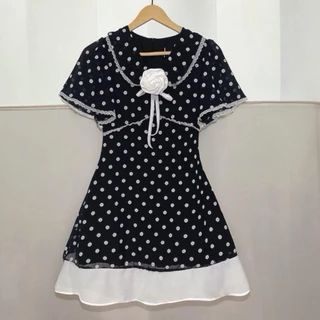 (เผื่อไซส์)พร้อมส่ง🇹🇭 Luna Polkadot Dress [รหัสLP8] เดรสชีฟอง(มีซับใน)ลายจุดสีดำ แถมดอกกุหลาบสีขาว ชุดยาว33นิ้ว