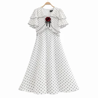 พร้อมส่ง🇹🇭[รหัสPD97] Polkadot Rose Dress ชุดเดรสผ้าชีฟองลายจุด +แถมเข็มกลัดดอกไม้ความยาว47นิ้ว