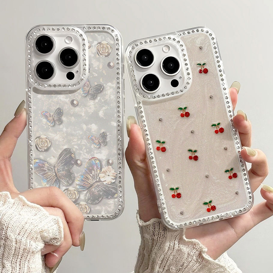 ผีเสื้อเปล่งประกาย เคส For iPhone 17 Air 13 11 16 14 12 15 Pro Max ซิลิโคนอ่อนนุ่ม เคสฝาหลังกันกระแทกประดับเพชรสุดหรู
