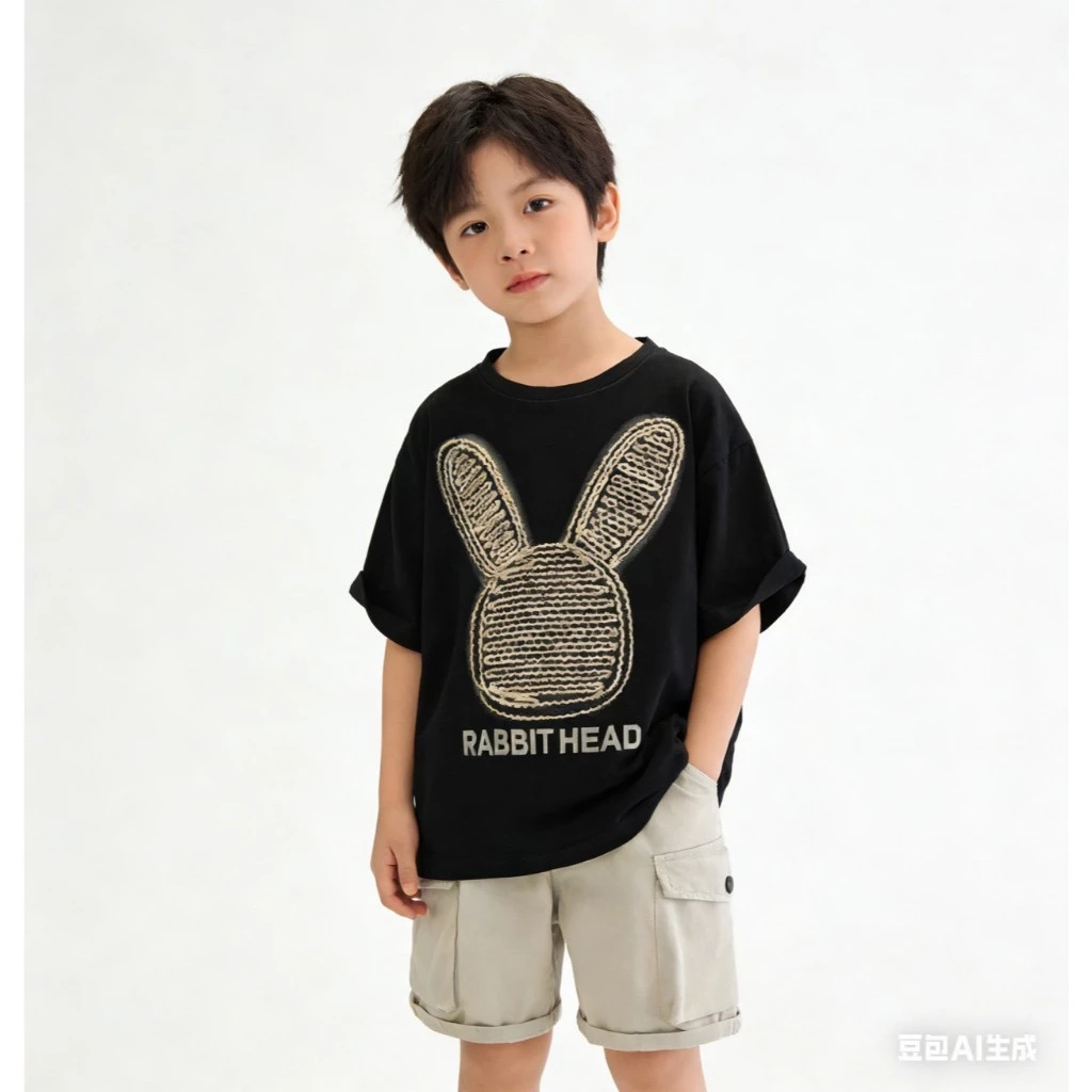 BB235 ชุดเซตเด็กผู้ชาย 2 ชิ้น เสื้อยืดสีดำลายกระต่าย กางเกงขาสั้นสีครีม ชุดเด็กแฟชั่น