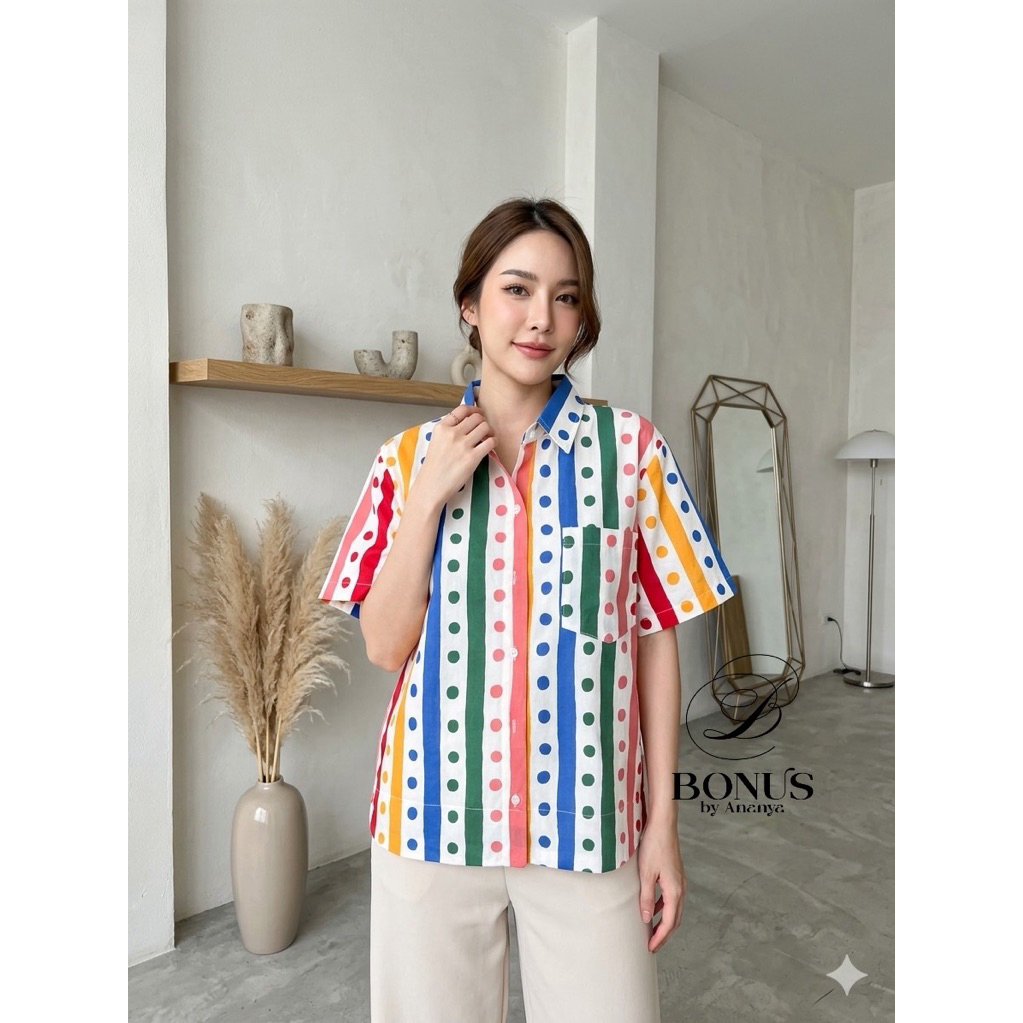 🔆Bonus by Ananya🔆 เสื้อคอปกเชิ้ตแขนสั้นแขนในตัวคอตตอลณี่ปุ่น (สอบถามก่อนสั่ง)