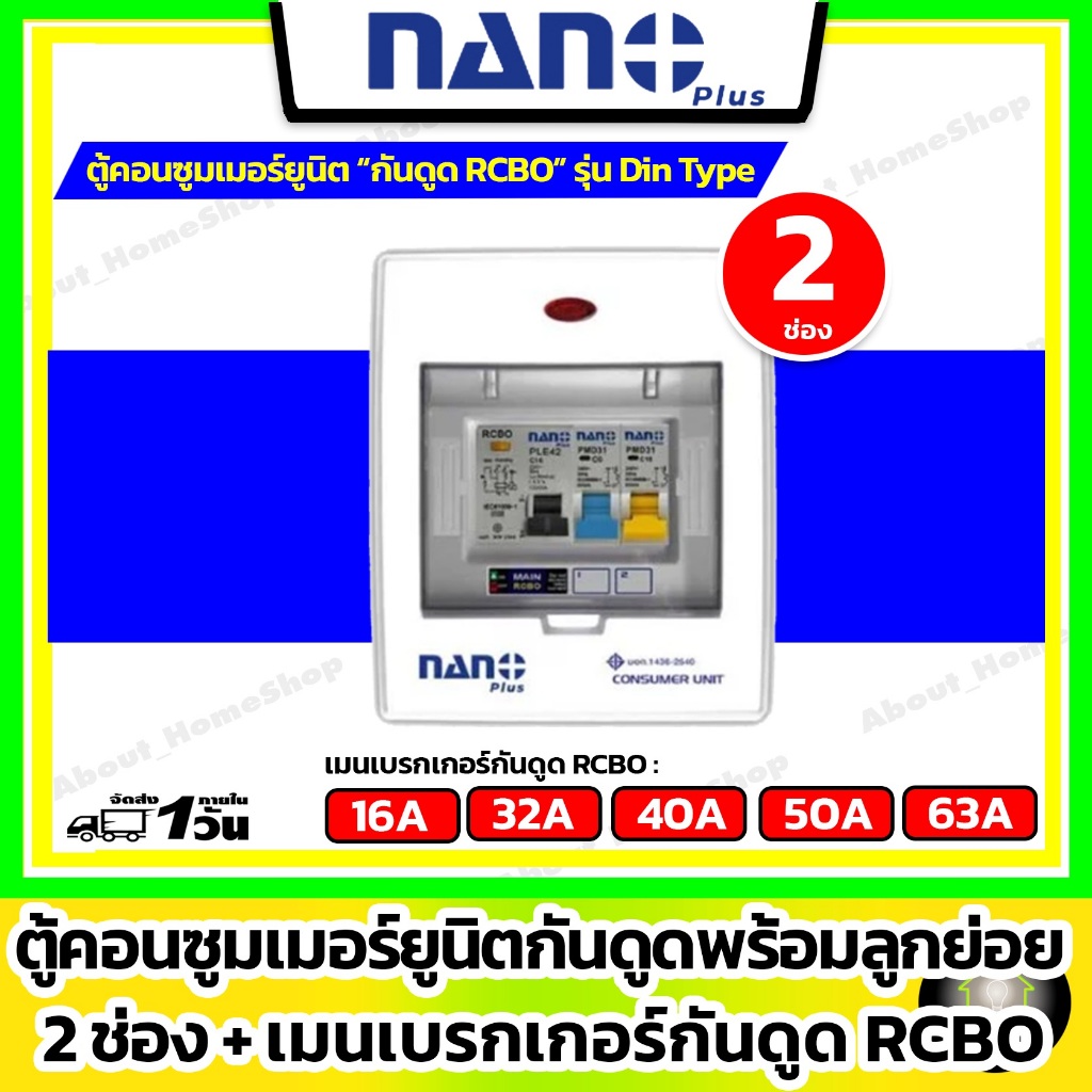 [ 2 ช่อง] Nano Plus - ตู้คอนซูมเมอร์ยูนิตกันดูด RCBO 2 ช่อง(นาโน ตู้โหลด+เมนเบรกเกอร์กันดูด+ลูกย่อย)