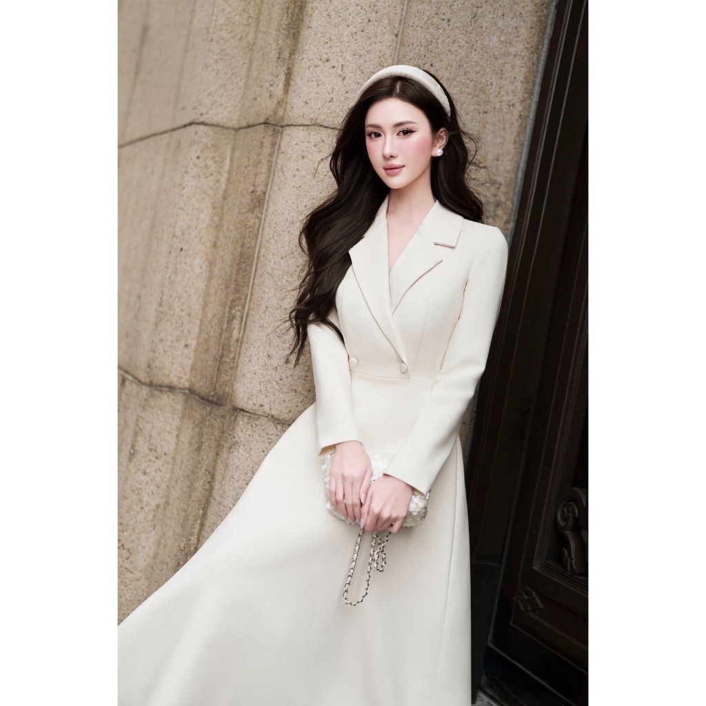 (งานป้ายแฟชั่น) Widelia มี 2 สี Modern Blazer Dress เดรสสูทกระโปรงยาวผ้าซอฟสูท คัตติ้งเนี๊ยบ ปกเชิ้ตแขนยาว ซิปหลัง