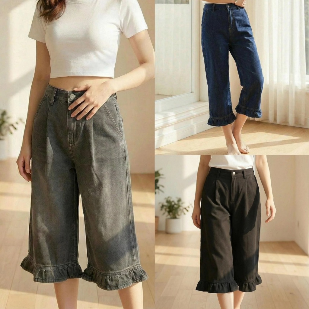 กางเกงยีนส์ขา7ส่วนแต่งชายระบาย SizeS-8XL กางเกงยีนส์แฟชั่นพลัสไซส์