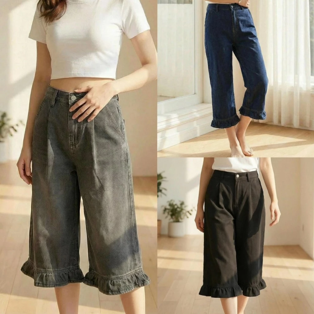 กางเกงยีนส์ขา7ส่วนแต่งชายระบาย SizeS-8XL กางเกงยีนส์แฟชั่นพลัสไซส์