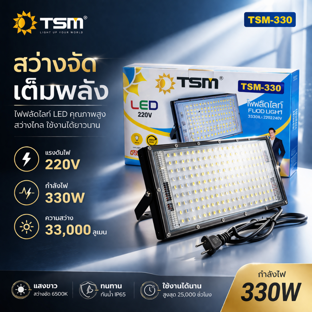 ฟลัดไลท์ มีปลั๊กในตัว LED  330W 220V 33000LM TSM ไฟสปอร์ตไลท์ ไฟ Floodlight เสียบไฟบ้าน