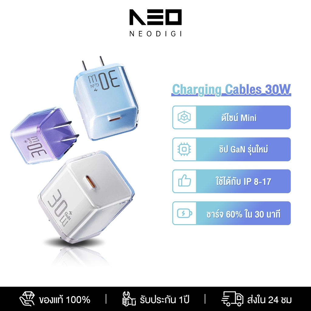 [for iP16/15/Sam] NEODIGI Charger PD 20W/30W/45W GaN PPS ชุดหัวชาร์จและสายชาร์จ USB-C ชาร์จเร็ว ชาร์จเร็ว