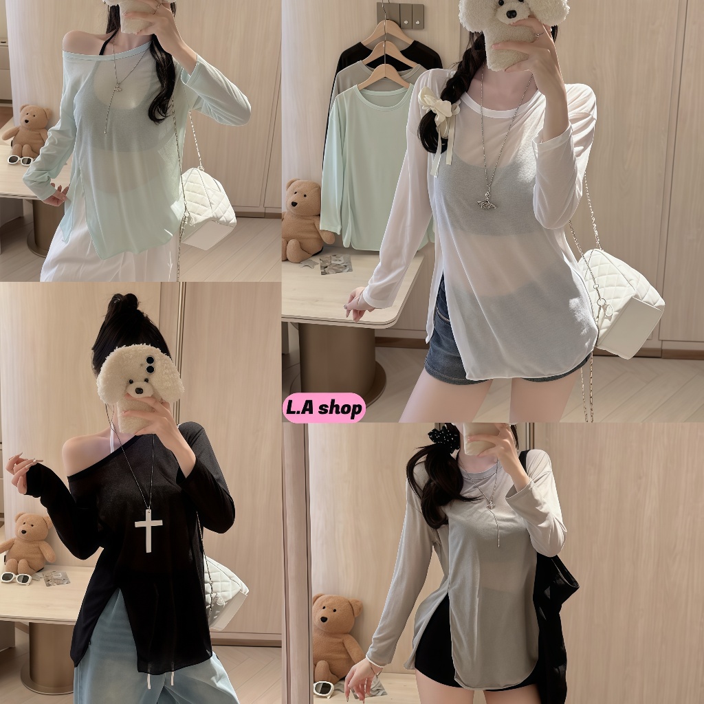 L.A Shop★พร้อมส่ง เสื้อคลุมแขนยาวกันแดด ผ้าบางเบา โชว์ไหล่ ผ่าข้าง เนื้อผ้านุ่มสบาย-FY5558#1