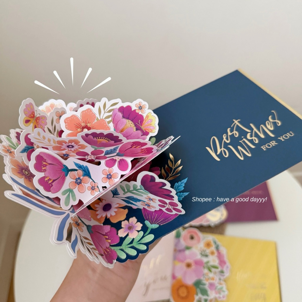พร้อมส่ง >  การ์ดอวยพร pop up ดอกไม้ หรู สำหรับทุกโอกาส พิมพ์ลายฟอยล์ทอง พร้อมซอง (C 26)