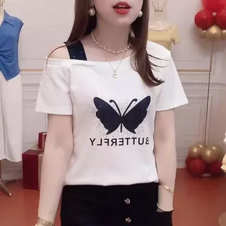 เสื้อยืดแขนสั้นเปิดไหล่ประดับเพชรลายผีเสื้อสุดฮิตประจำฤดูร้อน สไตล์เกาหลี เก๋ไก๋ ช่วยให้ดูผอมเพรียว และเหมาะสำหรับสวมใส่