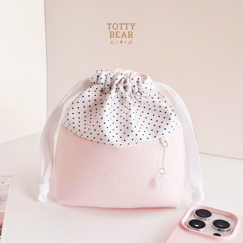 polka dot bags กระเป๋าหูรูด 6*7 นิ้ว ลายน่ารัก จุดสีชมพูพาสเทล มินิมอล สไตลืเกาหลี