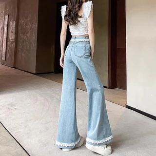 S~5XL Flared wide-leg jeans กางเกงยีนส์ขายาวทรงบานแต่งขอบลูกไม้สุดอินเทรนด์ สไตล์ใหม่ปี 2026 เอวสูง ทรงหลวม ขากางเกงตรง