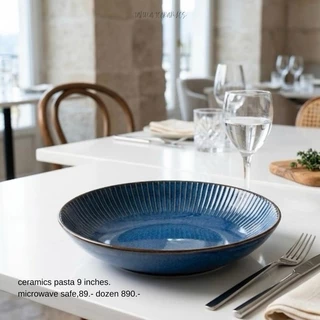 พาสต้า 9 นิ้ว {รุ่นหลุดคิวซี} สียีนส์ลายเส้นขอบตรง ceramics สามารถเข้าเครื่องล้างจานไมโครเวฟได้ปลอดภัย รับประกัน